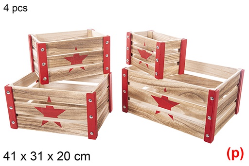 [115044]  Conjunto de 4 caixas de madeira de Natal vermelhas decoradas estrela 41x31x20cm