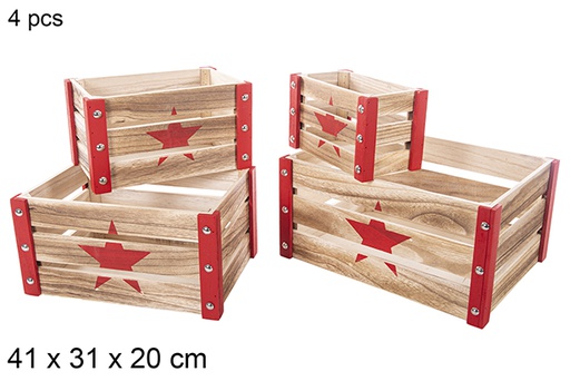 [115044] Pack 4 caixas de madeira de Natal vermelhas decoradas estrela 41x31x20 cm