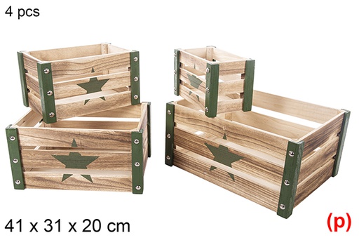 [115045] Conjunto de 4 caixas de madeira de Natal verdes decoradas estrela 41x31x20cm