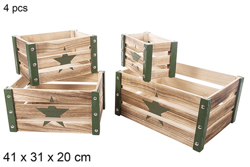 [115045] Pack 4 caixas de madeira de Natal verdes decoradas estrela 41x31x20 cm