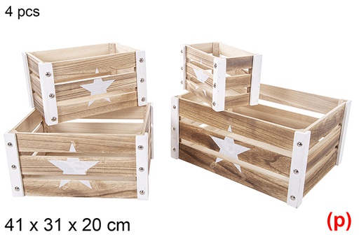 [115046] Pack 4 caisses en bois de Noël blanc décor étoile 41x31x20 cm