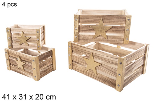 [115047] Pack 4 caixas de Natal em madeira decoração estrela 3D ouro 41x31x20 cm