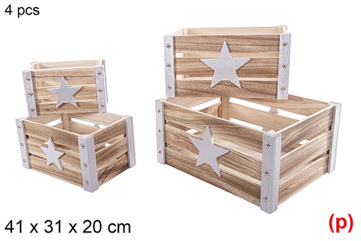 [115048] Pack 4 boîtes de Noël en bois argent décor étoile 3D 41x31x20 cm