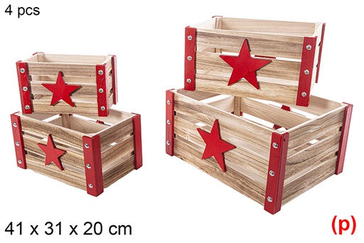 [115049] Pack 4 caisses en bois de Noël rouge décor étoile 3D 41x31x20 cm