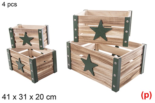 [115051] Pack 4 caisses en bois de Noël vert décor étoile 3D 41x31x20 cm