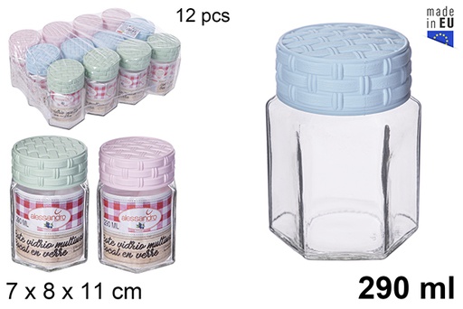 [115392] Pot en verre hexagonal avec couvercle en rotin couleurs pastels 290 ml