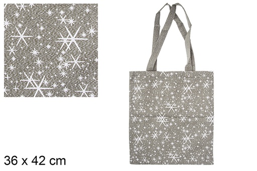 [115555] Sac de Noël en tissu vert/argent décoré d'étoiles 36x42 cm