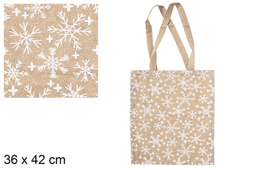 [115589] Saco de tecido de Natal bege/dourado decorado com flocos de neve 36x42 cm