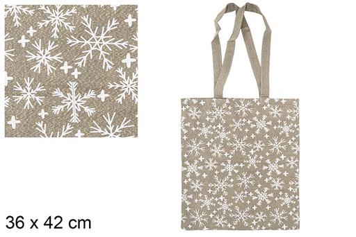 [115590] Saco de tecido de Natal bege/dourado decorado com flocos de neve 36x42 cm