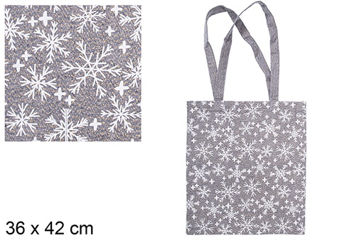 [115592] Sac en tissu de Noël bleu marine/or décoré de flocons de neige 36x42 cm