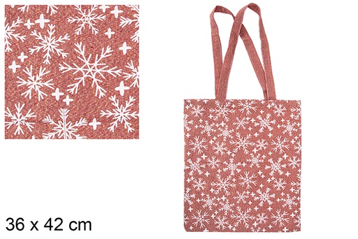 [115593] Saco de tecido natalino vermelho/dourado decorado com flocos de neve 36x42 cm