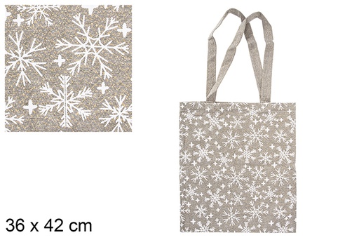 [115594] Bolsa tela Navidad verde/oro decorada copos de nieve 36x42 cm
