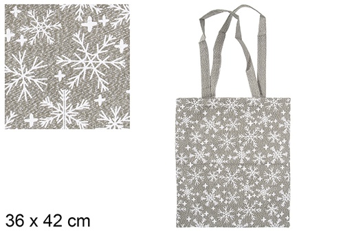 [115595] Bolsa de tecido natalina verde/prata decorada com flocos de neve 36x42 cm