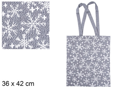 [115605] Sac en tissu de Noël bleu marine/argent décoré de flocons de neige 36x42 cm