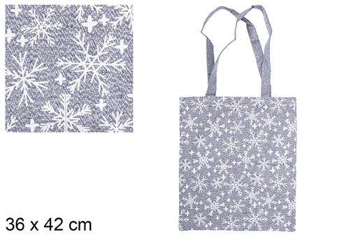 [115606] Bolsa tela Navidad marino/plata decorada copos de nieve 36x42 cm