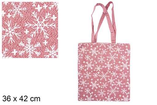 [115607] Sac en tissu de Noël rouge/argent décoré de flocons de neige 36x42 cm