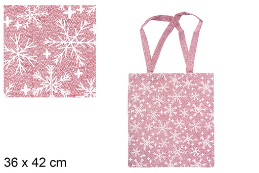 [115608] Sac en tissu de Noël rouge/argent décoré de flocons de neige 36x42 cm