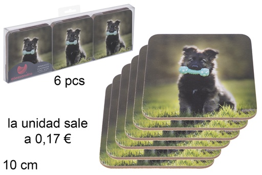 [115673] Pack 6 dessous de verre carré animaux décorés 10 cm