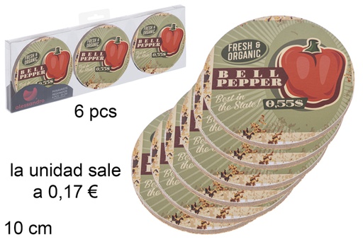 [115678] Pack 6 round coaster decorated bell pepper 10 cm