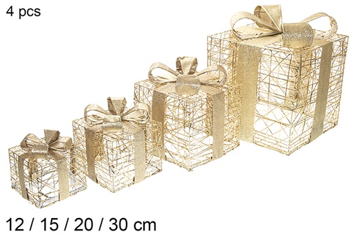 [115809] Pack 4 caixas de luz com laço de glitter dourado