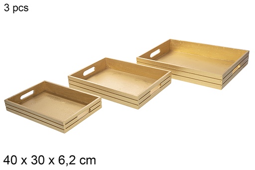 [115865] Pack 3 vassoi natalizi in legno colore oro 40x30 cm