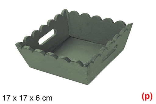 [115884] green corrugated wooden christmas tray 17x17x6cm