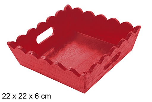 [115887] Red corrugated wooden Christmas tray 22x22 cm