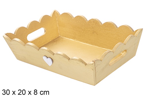 [115897] Bandeja de Natal de madeira ondulada ouro decorada com coraçâo 30x20x8 cm