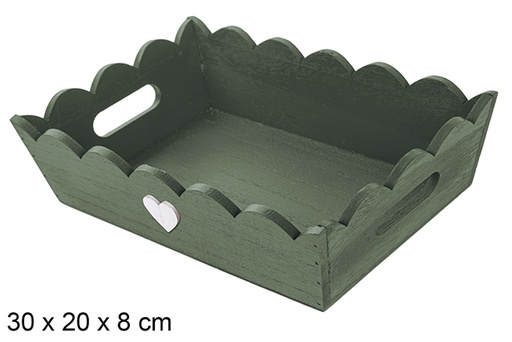 [115900] Green corrugated wooden christmas tray decorated with heart 30x20 cm