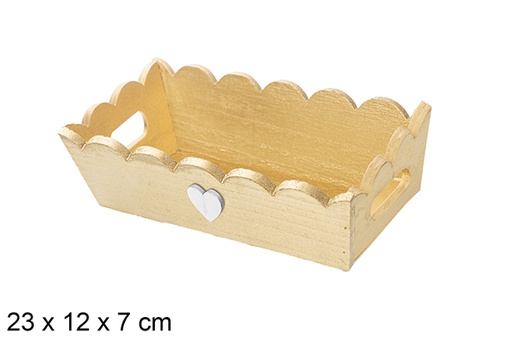 [115901] Bandeja de Natal de madeira ondulada ouro decorada com coraçâo 23x12x7 cm