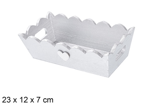 [115902] Bandeja de Natal de madeira ondulada prata decorada com coraçâo 23x12x7 cm