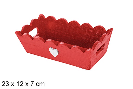 [115903] Plateau de Noël en bois ondulé rouge décoré de coeur 23x12x7 cm