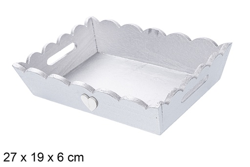 [115918] Bandeja de Natal de madeira ondulada prata decorada com coraçâo 27x19x6 cm