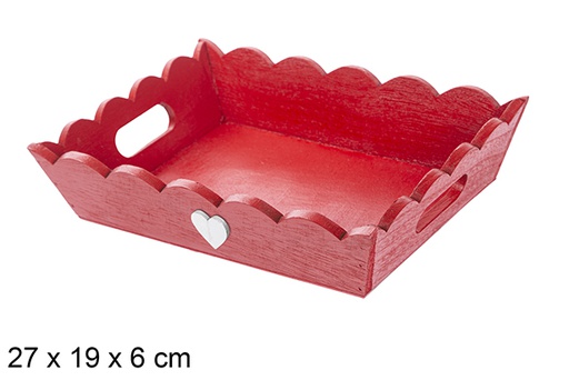 [115919] Plateau de Noël en bois ondulé rouge décoré de coeur 27x19x6 cm