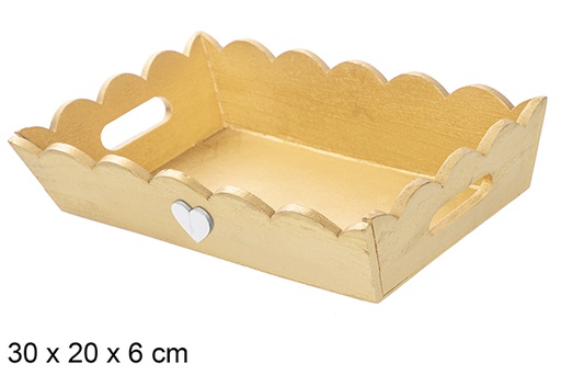 [115921] Bandeja de Natal de madeira ondulada ouro decorada com coraçâo 30x20x6 cm