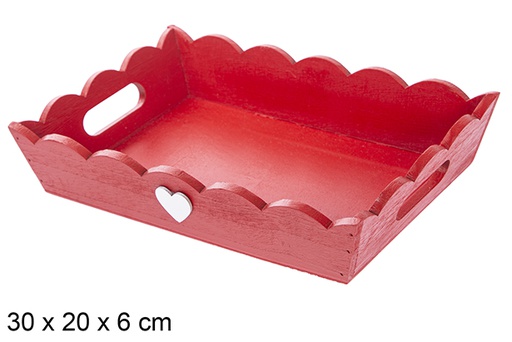 [115923] Red corrugated wooden Christmas tray decorated with heart 30x20x6 cm