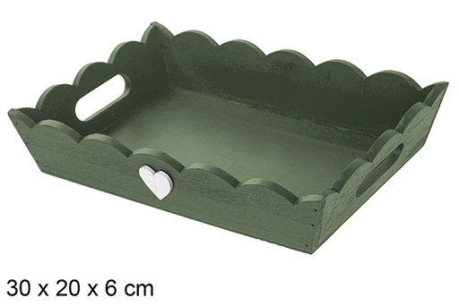 [115924] Green corrugated wooden Christmas tray decorated with heart 30x20 cm