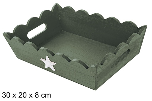 [115928] Bandeja madera ondulada Navidad decorada estrella color verde 30x20 cm