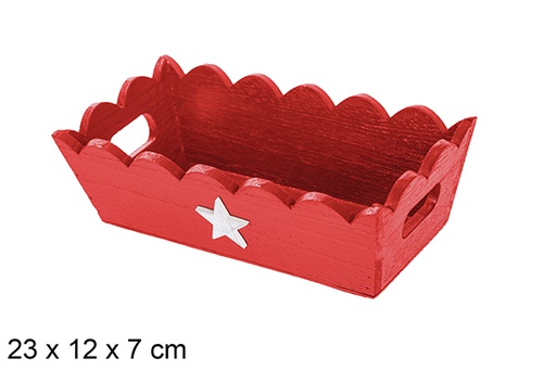 [115931] Red corrugated wooden Christmas tray decorated with star 23x12x7 cm