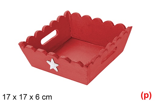 [115939] plateau de noël en bois ondulé rouge décoré d'étoile 17x17x6cm