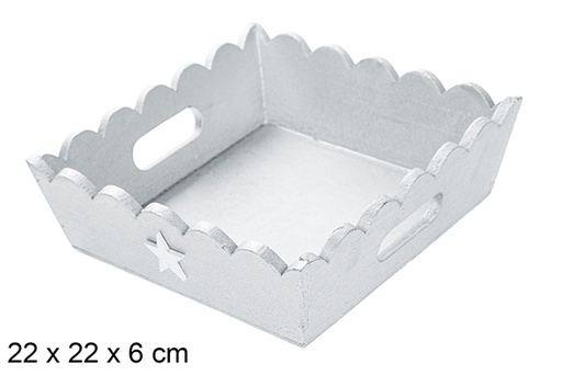 [115942] Bandeja de Natal de madeira ondulada prata decorada com estrela 22x22 cm