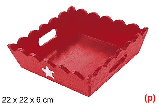 [115943] Plateau de Noël en bois ondulé rouge décoré d'étoile 22x22 cm