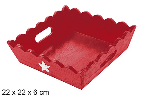 [115943] Red corrugated wooden Christmas tray decorated with star 22x22 cm
