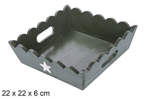 [115944] Green corrugated wooden Christmas tray decorated with star 22x22 cm