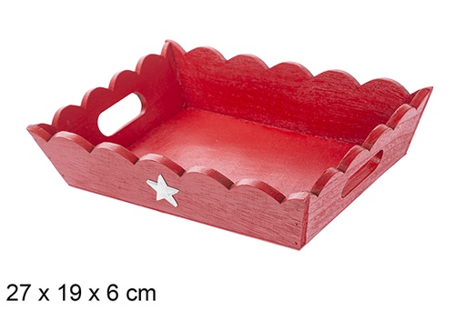 [115947] Red corrugated wooden Christmas tray decorated with star 27x19x6 cm