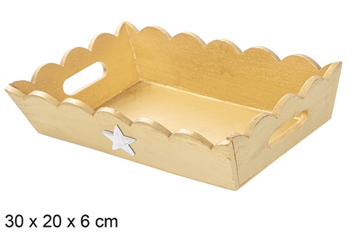 [115949] Vassoio natalizio in legno ondulato oro decorato con stella 30x20x6 cm