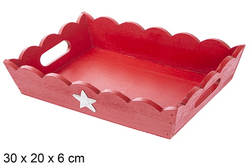 [115951] Red corrugated wooden Christmas tray decorated with star 30x20x6 cm