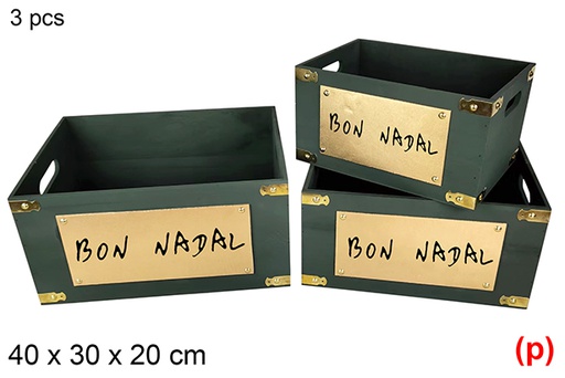 [115953] Pack 3 caixas de madeira verdes decoradas Bon Nadal 40x30x20 cm