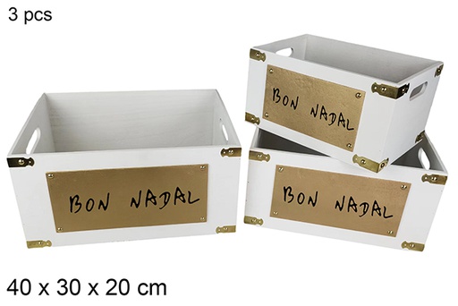 [115954] Pack 3 caixas de madeira brancas decoradas Bon Nadal 40x30x20 cm