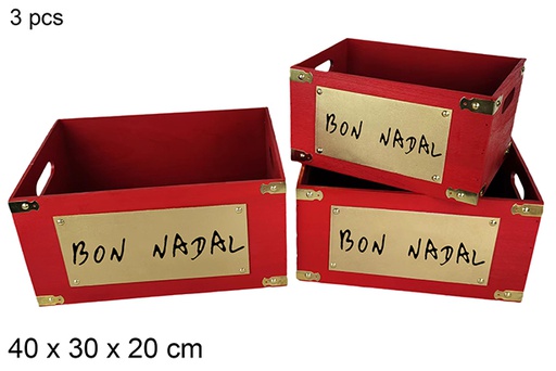 [115955] Pack 3 caisses en bois rouges décorées Bon Nadal 40x30x20 cm